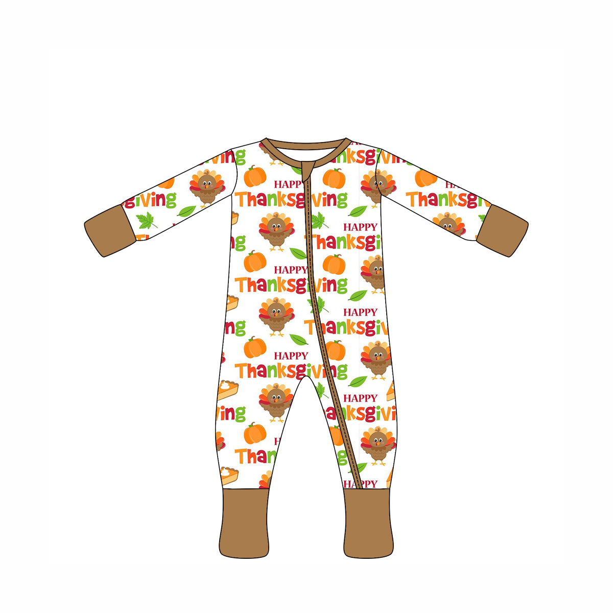 Preorder moq 10 Baby Kids Khaki Turkey Pumpkins Happy Thanksgiving Zipper Pant Rompers