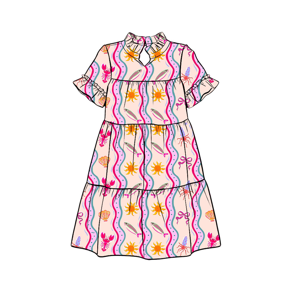 Preorder (moq 5)Baby Girls Crayfishes Fishes Stripe Patchwork Knee Length Dresses