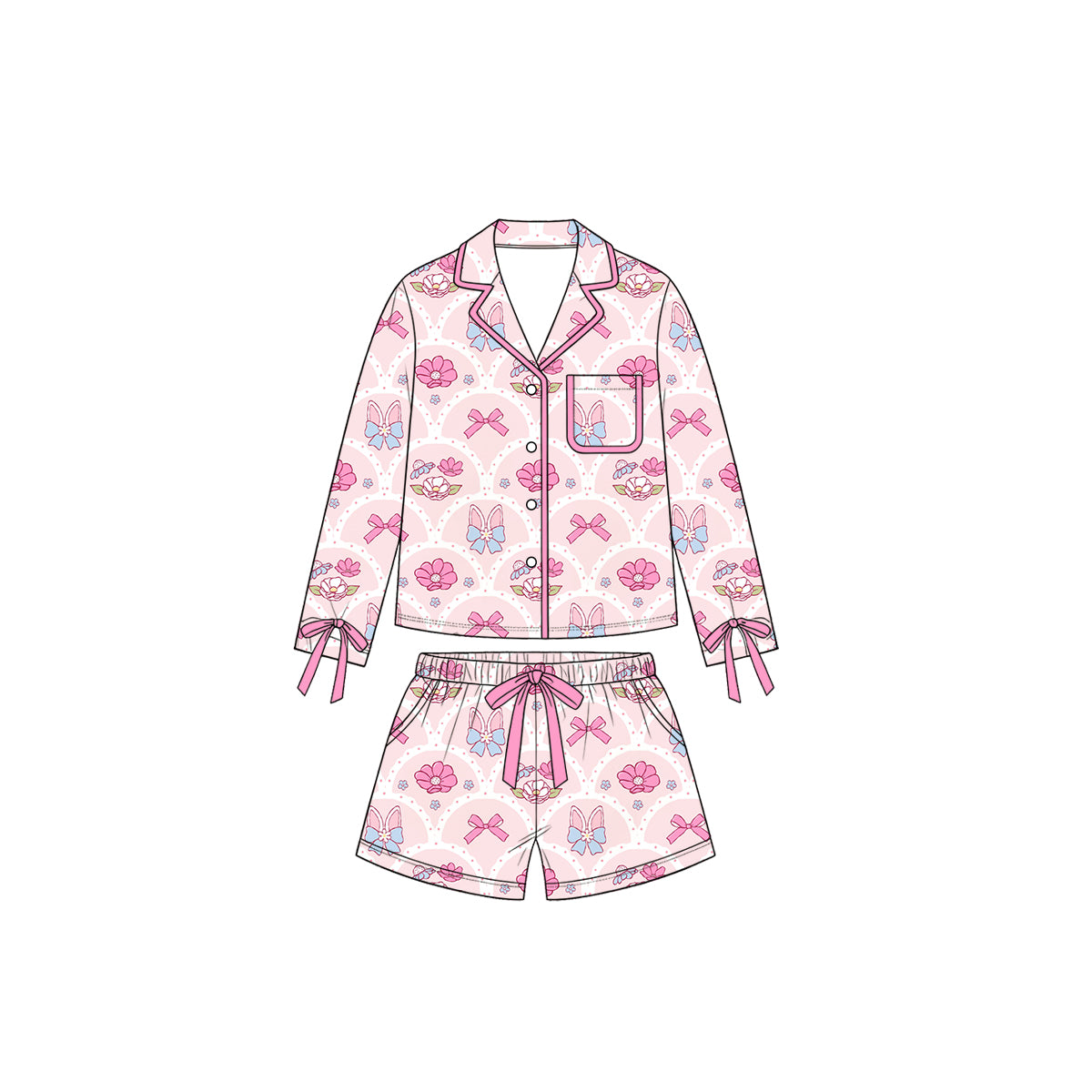 Preorder moq 5Girls’ Pink Floral Bow Pajama Set, Long-Sleeve Collared Sleep Shirt & Elastic-Waist Shorts, Cute Kids’ Sleepwear Two-Piece Outfit