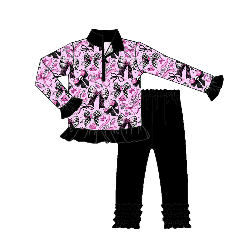 Preorder (moq 5)Baby Girls Skull Bows Plaid Zipper Pullovers Legging Pants Halloween Set