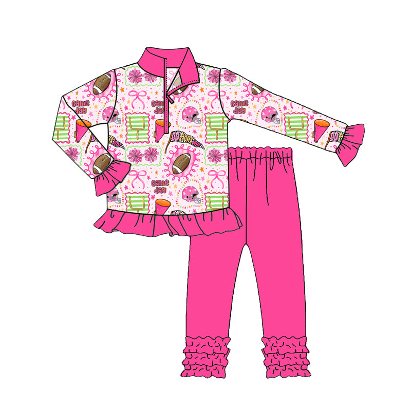 Preorder (moq 5)Baby Girls Long Ruffle Sleeves Cheer Footballs Zipper Top Legging Pants Set