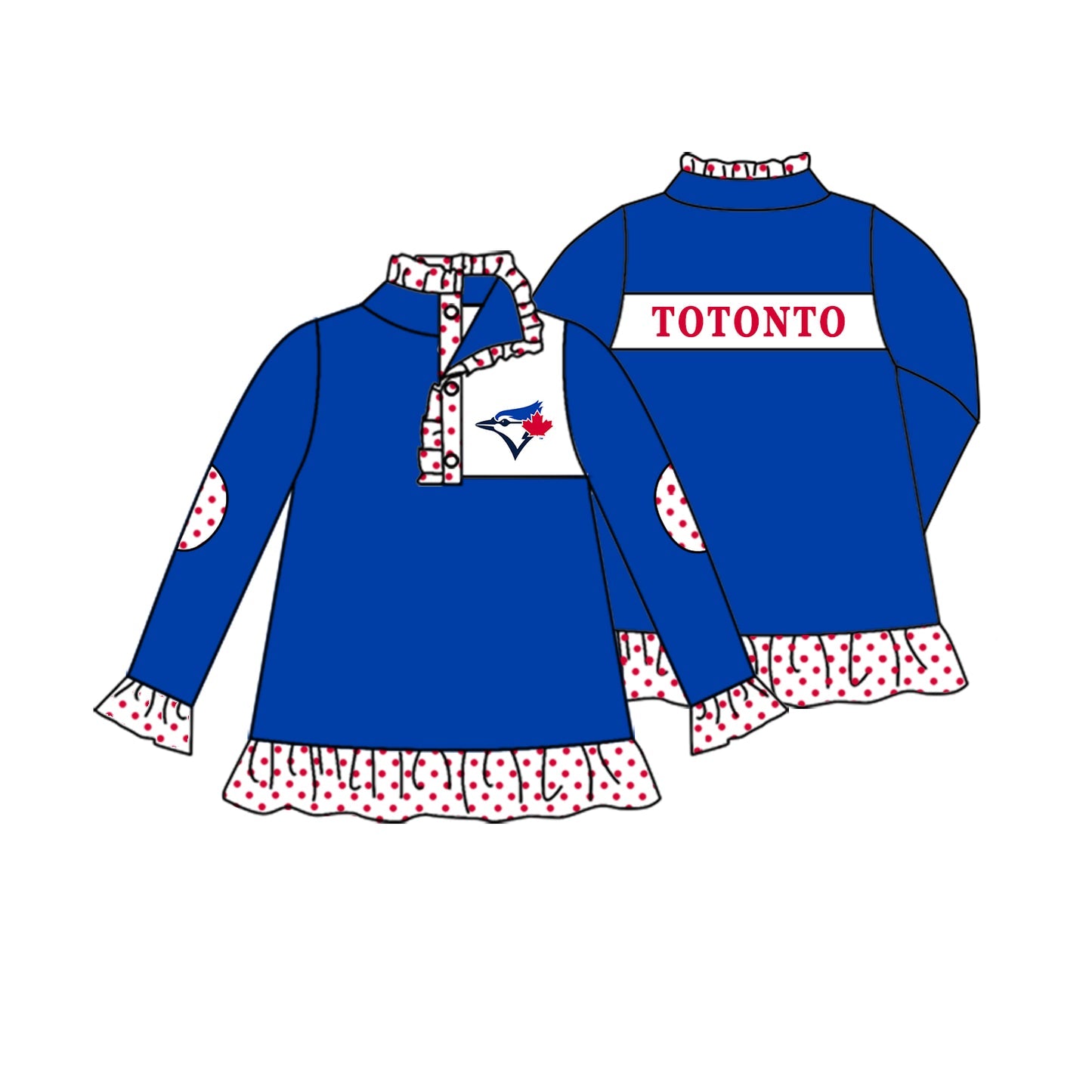 Preorder (moq 5)Baby Girls Blue Long Ruffle Sleeve Totonto Blue Jays Team Zip Pullovers Top