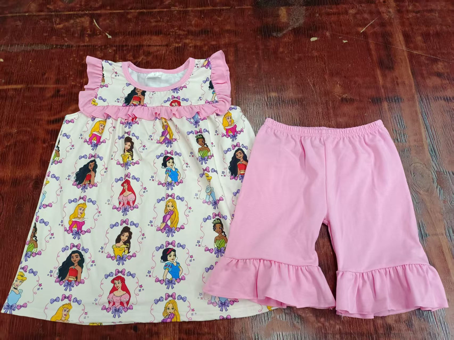 Preorder moq 5 Baby Girls Pink Sleeveless Princess Plaid Tunic Ruffle Shorts Set