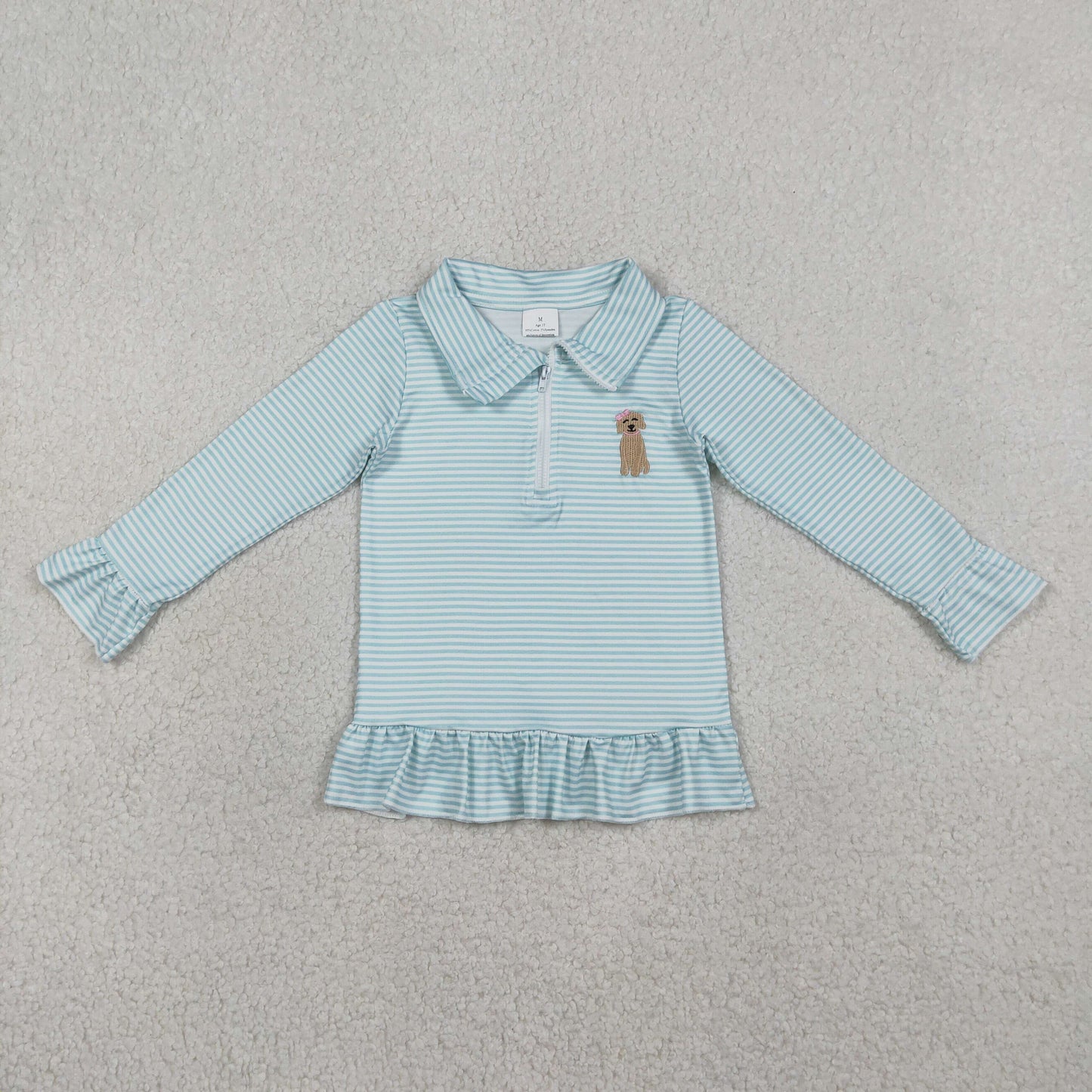 Embroidery Bow Dogs Baby Girls Blue Stripe Hunting Zip Ruffle Pullovers Top