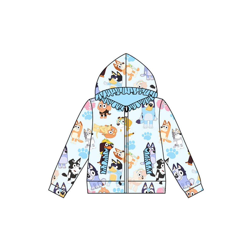 Preorder (moq 5)Baby Girls Blue Animals Dogs Hooded Zip Ruffles Tops Jackets