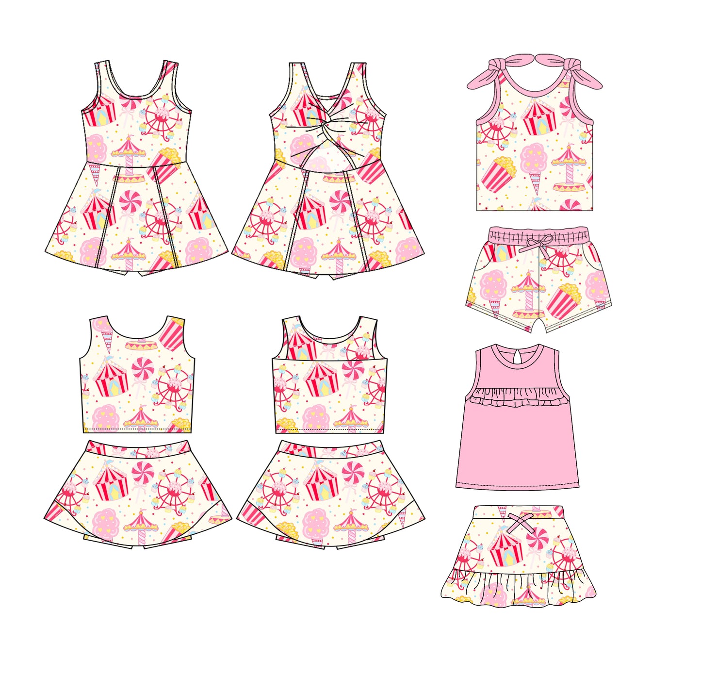 Preorder moq 5 Custom Baby Girls Pink Ice Cream Chip Top Pockets Short Set Skort Knee Length Dress Skirts Set
