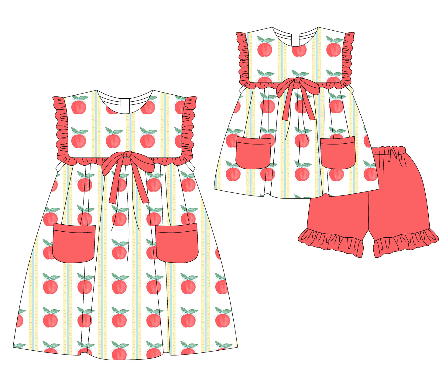 Preorder moq 5 Custom Baby Girls Red Floral Apples Pockets Tunic Ruffle Short Set Knee Length Dresses