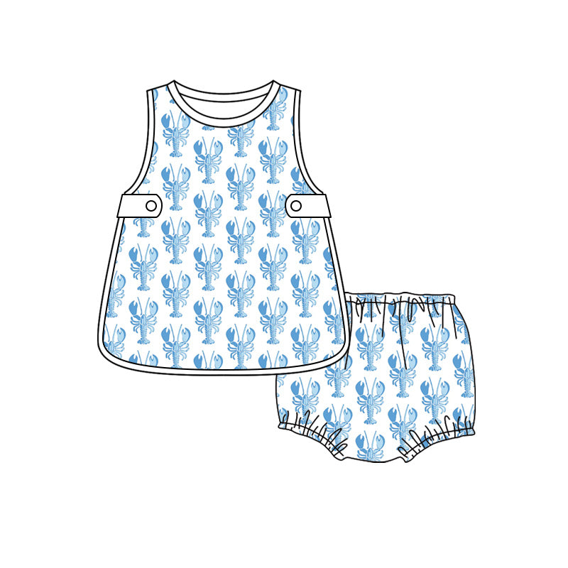 Preorder moq 5 Baby Boys Blue Crayfishes Plaid Hunting Top Bummies Short Clothes Set
