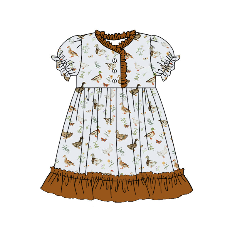 Preorder (moq 5)Baby Girls Brown Mallard Ducks Hunting Knee Length Gowns Dresses