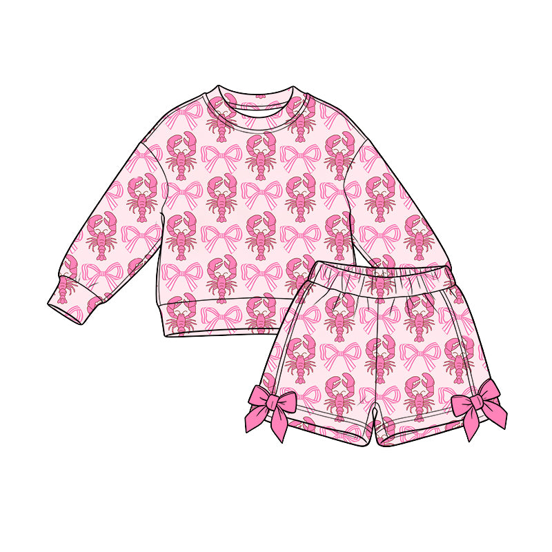 Preorder (moq 5) Baby Girl Clothes Pink Lobster Bow Mixed Print Long Sleeve Sweatshirt Bow Short Set