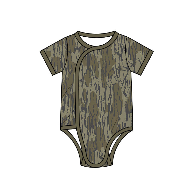 Preorder (moq 5) Baby Boy Clothes Moss Green Bark Tree Camo Print Short Sleeve Side Snap Romper