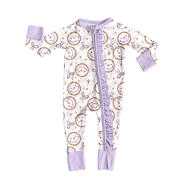 Preorder(moq 5)Baby Girls Purple Smile Bows Ruffle Zipper Footie Rompers