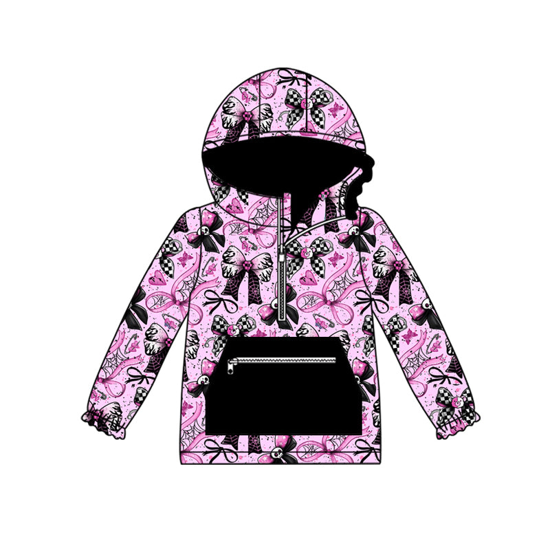 Preorder (moq 5)Baby Girls Skull Bows Plaid Pocket Zipper Halloween Hoodies Top