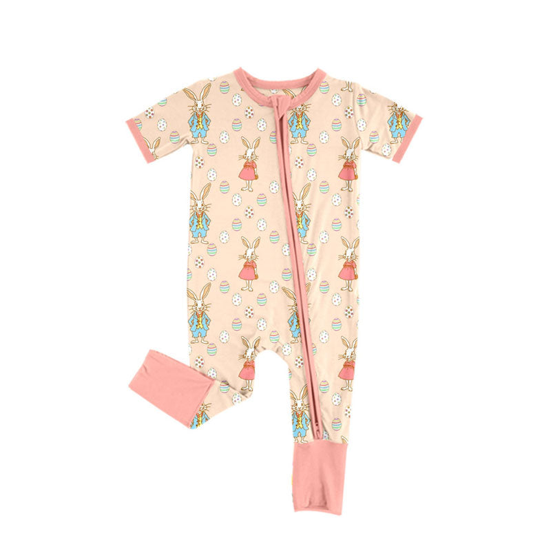 Preorder (moq 5)Baby Girls Short Sleeve Rabbits Eggs Easter Zipper Footie Rompers