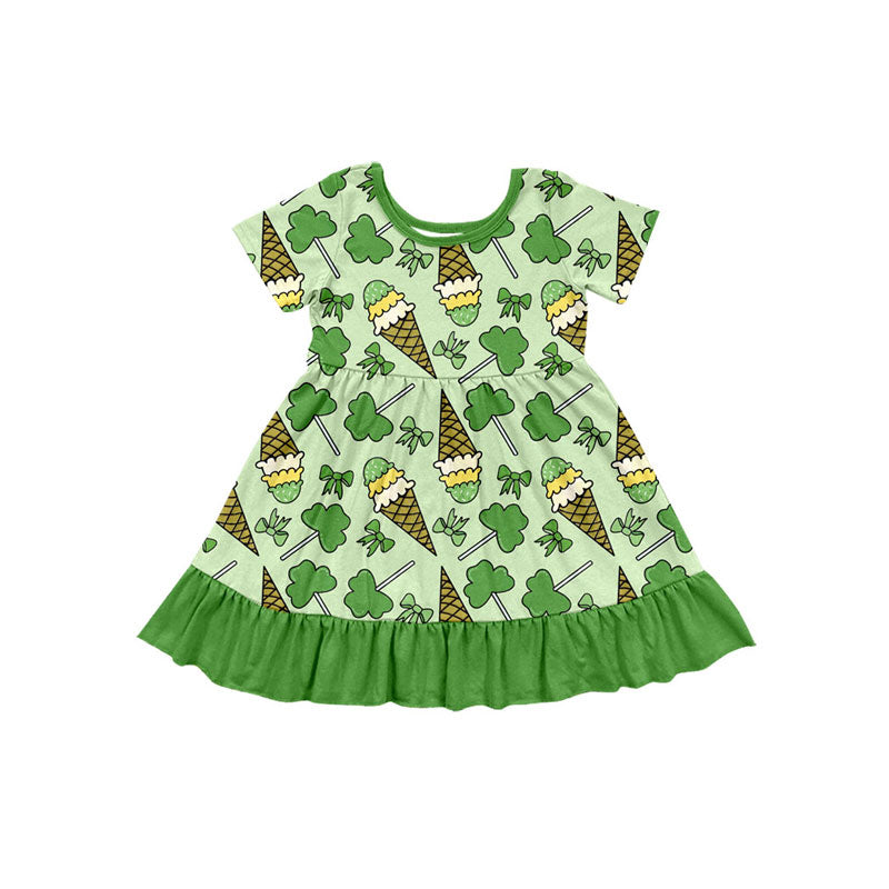Preorder(moq 5) Baby Girls Green Clovers Ice Cream St Patrick Ruffle Knee Length Dresses