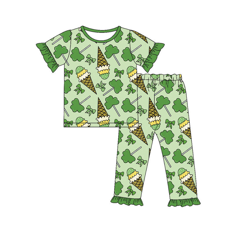 Preorder(moq 5) Baby Girls Green Clovers Ice Cream Top Ruffle Pants St Patrick Pajamas Sets