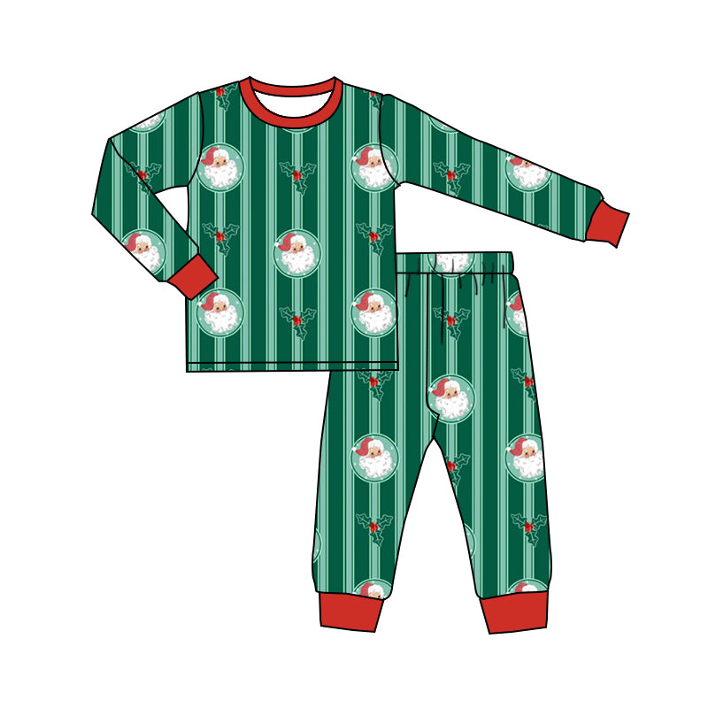 Preorder (moq 5) Baby Girl Clothes Christmas Santa Holly Stripe Print Long Sleeve Pajama Set