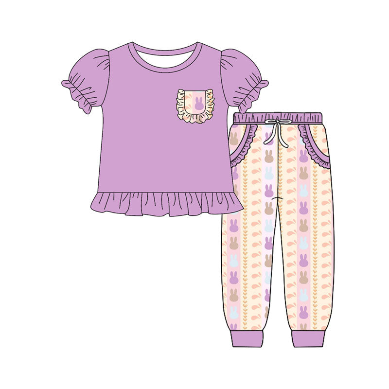 Preorder (moq 5)Baby Girls Rabbits Stripe Ruffle Top Pocket Jogger Pants Easter Clothes Sets
