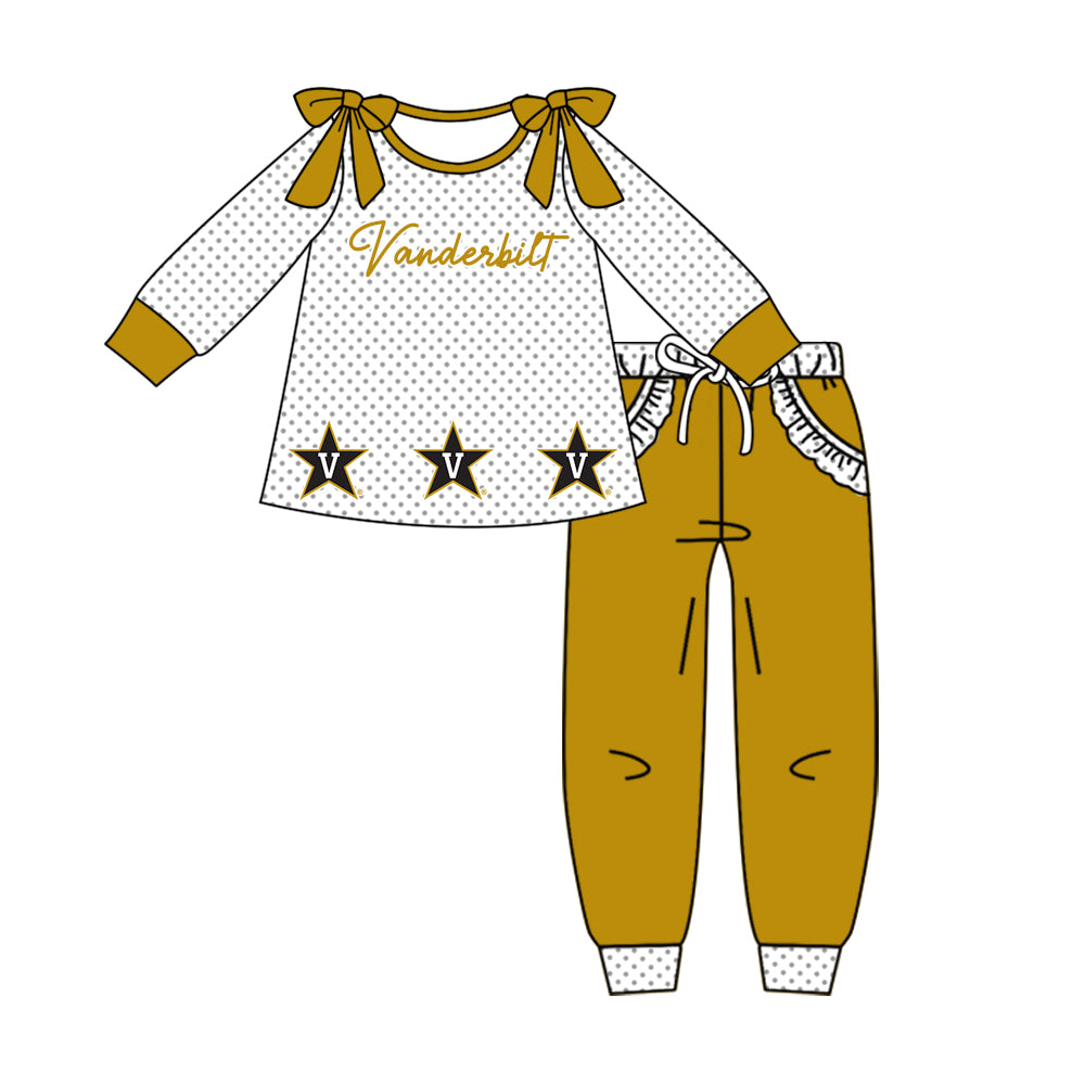 Preorder (moq 5)Baby Girls Polka Dots V Tunic Pockets Jogger Team Clothes Sets