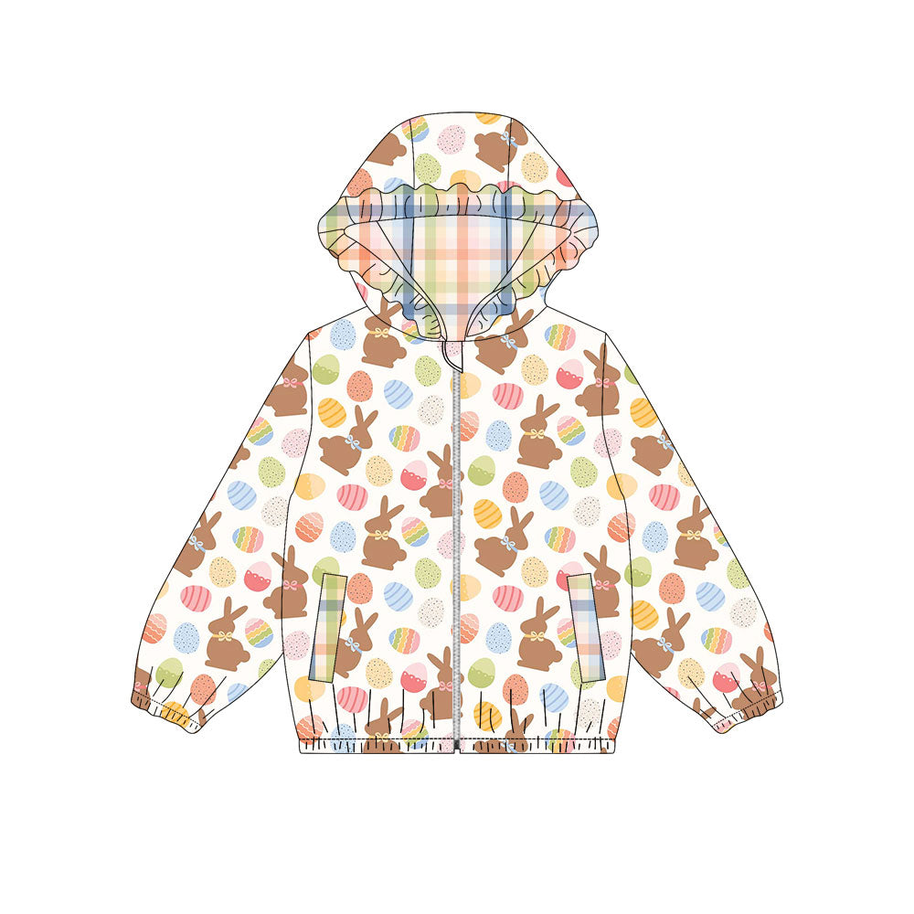Preorder(moq 5) Baby Girls Colorful Eggs Rabbits Zipper Pockets Easter Ruffle Hoodies Top