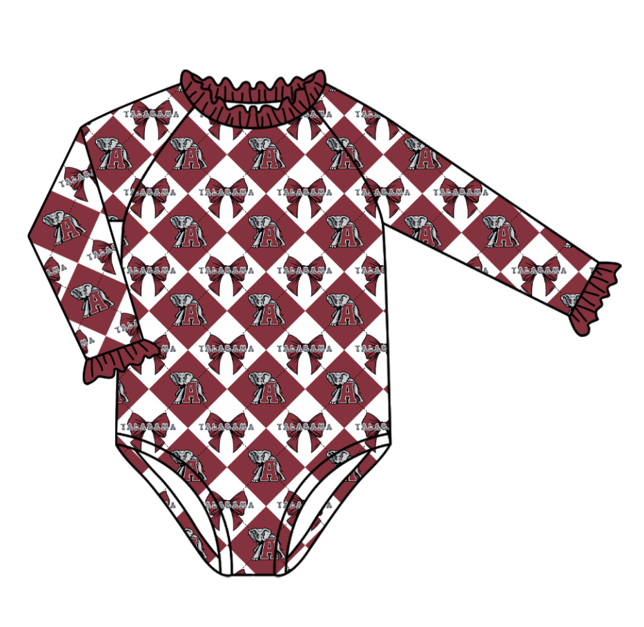 Preorder (moq 5)Baby Girls Long Sleeve Team Bows Checked One Piece Swimsuits