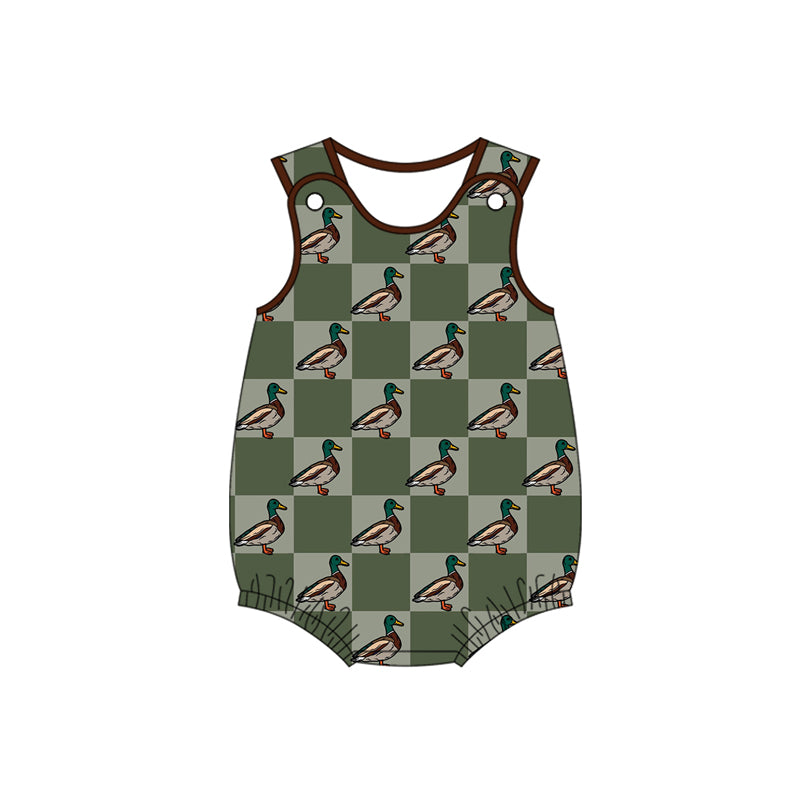 Preorder(moq 5)Baby Infant Boys Green Checkered Ducks Summer Rompers