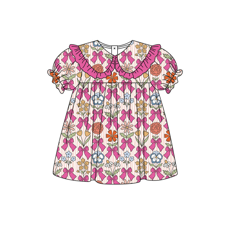 Preorder moq 5 Baby Girls Colorful Flowers Bows Collar Knee Length Dresses