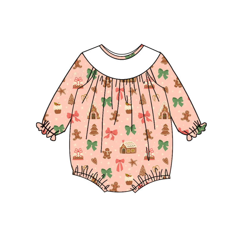 Preorder (moq 5)Baby Girls Long Sleeves Bows Gingerbread Houses Plaid Ruffle Romper