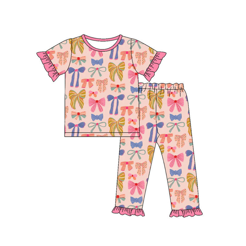 Preorder(moq 5) Baby Girls Short Ruffle Sleeve Colorful Bows Top Pants Pajamas Sets