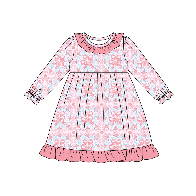 Preorder (moq 5)Baby Girls Pink Bows Floral Plaid Ruffle Knee Length Dresses