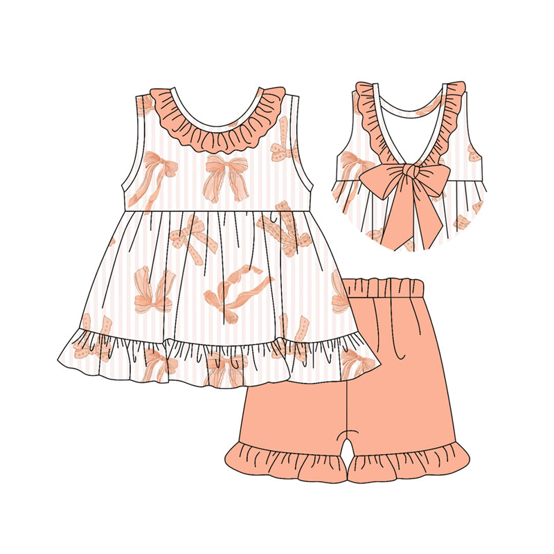 Preorder moq 5 Baby Girls Sleeveless Peach Bows Tunic Ruffle Short Set
