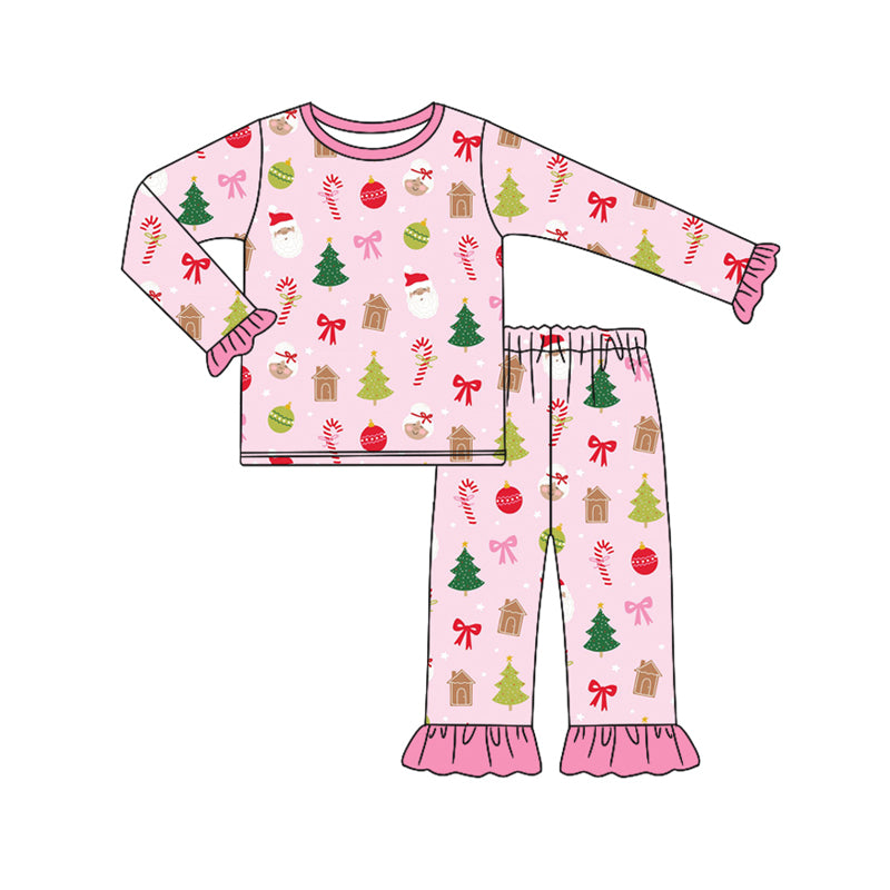 Preorder (moq 5)Baby Girls Pink Long Ruffle Sleeves Santa Candy Cane Top Pant Pajamas Set
