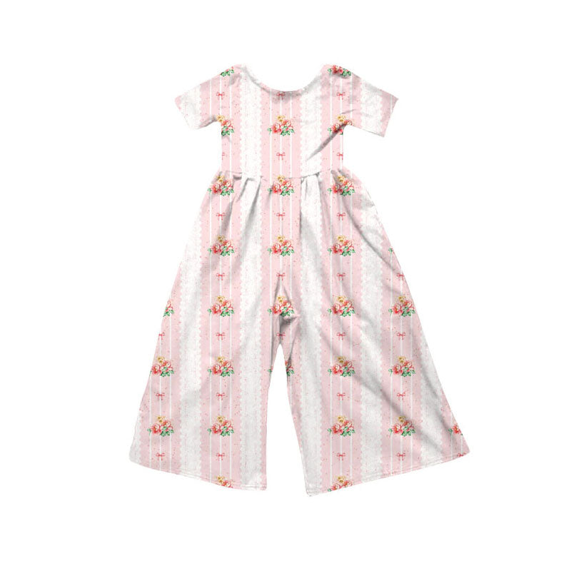 Preorder(moq 5) Baby Girls Pink Flowers Bows Stripe Pants Jumpsuits
