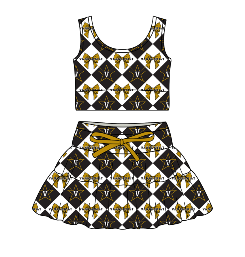 Preorder moq 5 Baby Girls Sleeveless Stars V Bows Checked Top Skirt Shorts Team Clothes Set