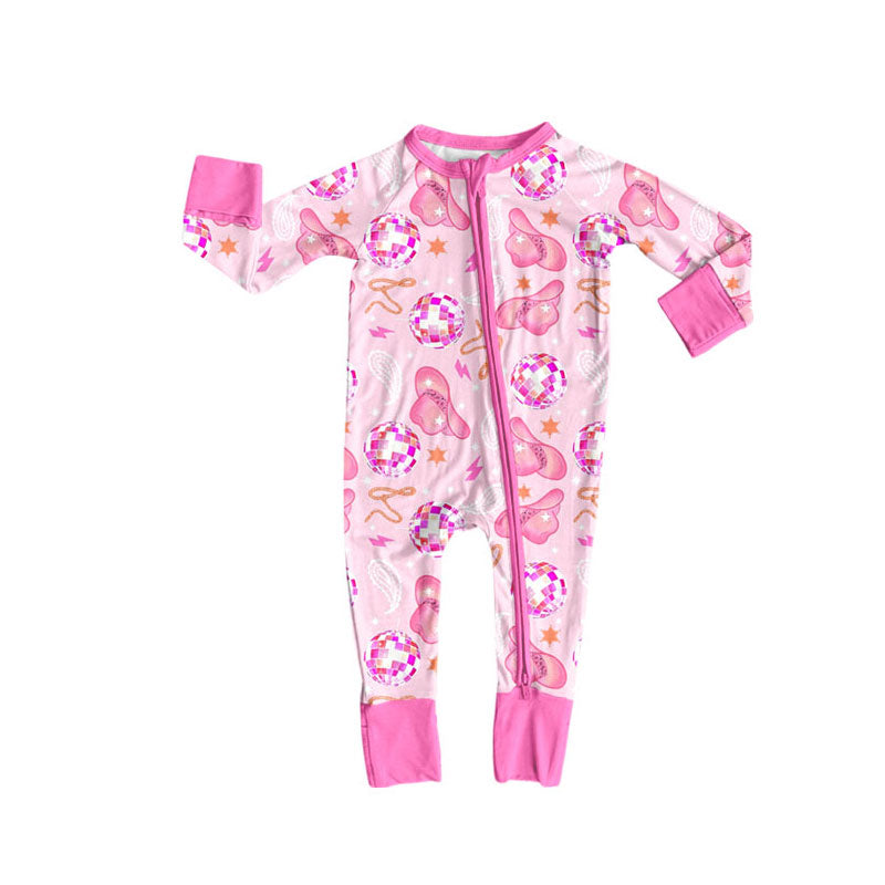 Preorder (moq 5)Baby Girls Pink Hats Stars Western Zipper Footie Rompers