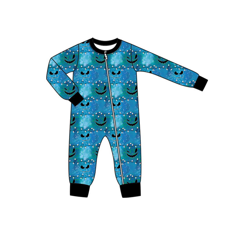 Preorder moq 5 Baby Infant Boys Long Sleeves Hot Blue Lights Ghosts Plaid Zipper Romper