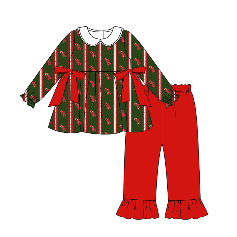 Preorder (moq 5)Baby Girls Bows Candy Cane Stripes Tunic Ruffle Pants Christmas Set