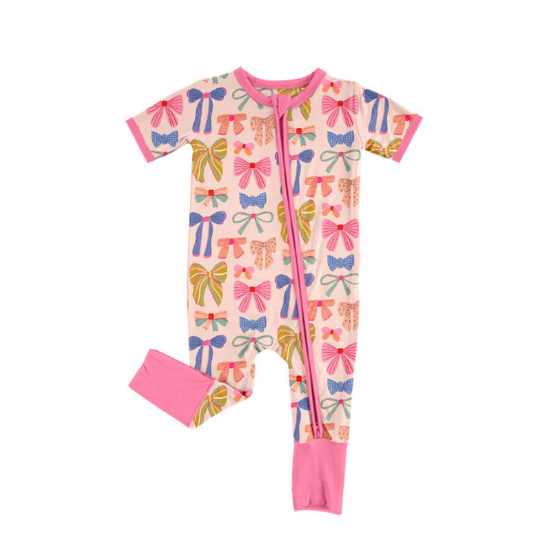 Preorder (moq 5)Baby Girls Short Sleeve Colorful Bows Zipper Footie Rompers