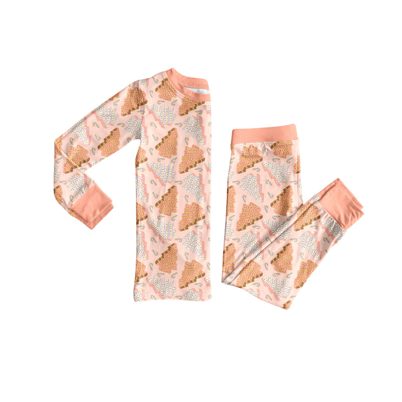 Preorder (moq 5)Baby Girls Peach Long Sleeves Trees Plaid Top Pant Pajamas Sets