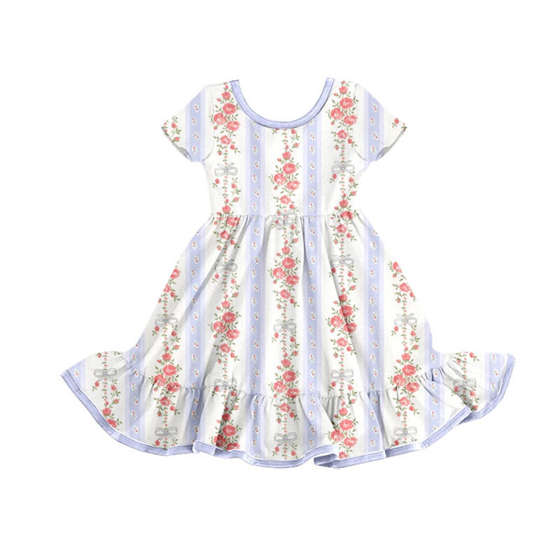 Preorder(moq 5) Baby Girls Lavender Flowers Bows Stripe Ruffle Knee Length Dresses