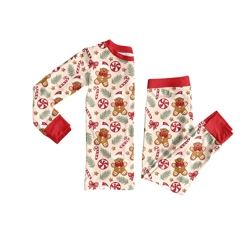 Preorder (moq 5)Baby Girls Red Long Sleeves Gingerbread Candy Cane Top Pant Pajamas Set