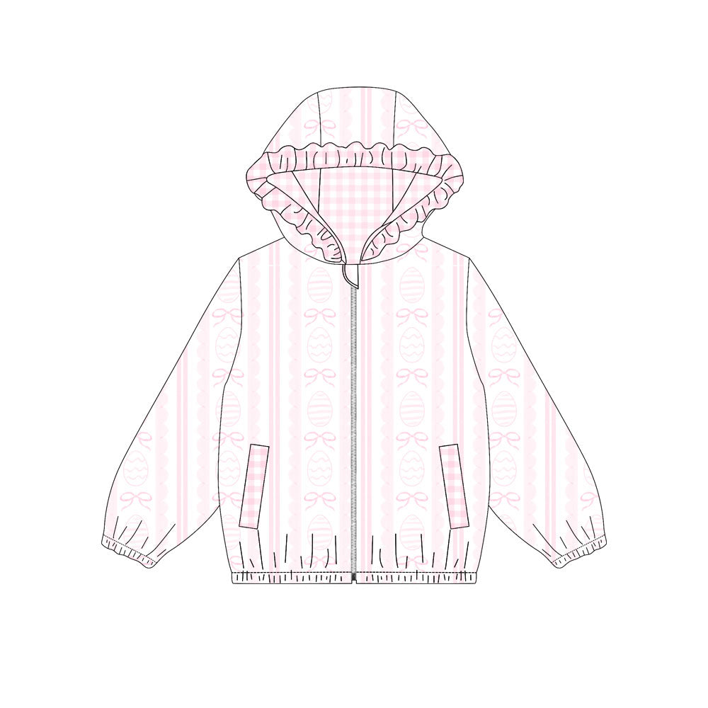 Preorder(moq 5) Baby Girls Pink Eggs Bows Stripe Zipper Pockets Easter Ruffle Hoodies Top
