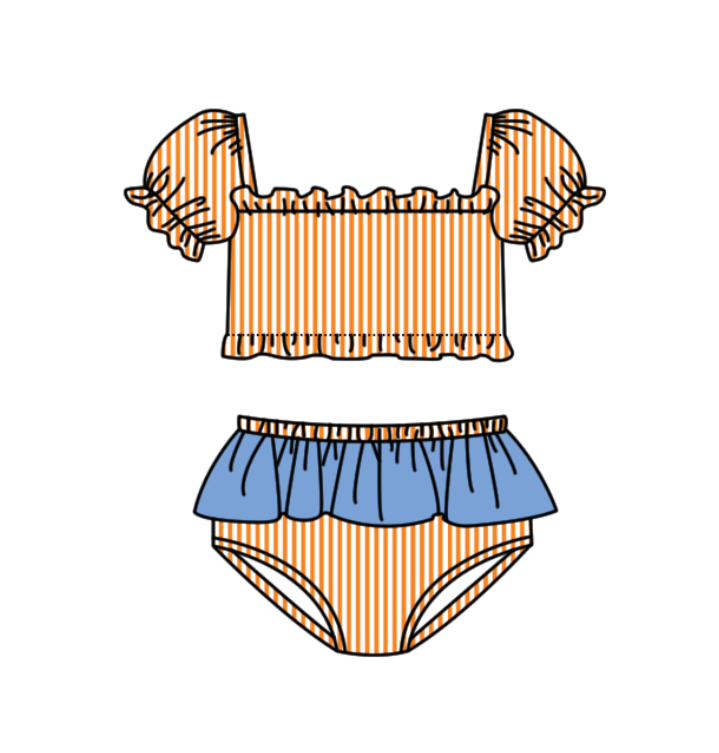 Preorder moq 5 Baby Girls Orange Stripe Vest Top Bummies Short Team Swimsuits