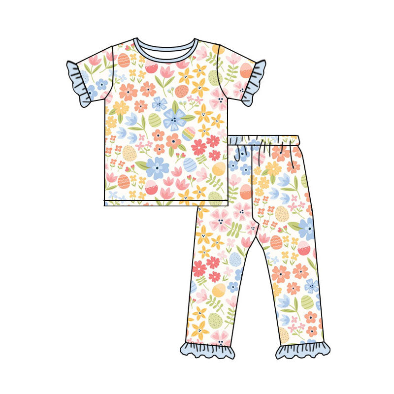 Preorder(moq 8)Baby Girls Colorful Flowers Eggs Top Ruffle Pants Easter Pajamas Sets