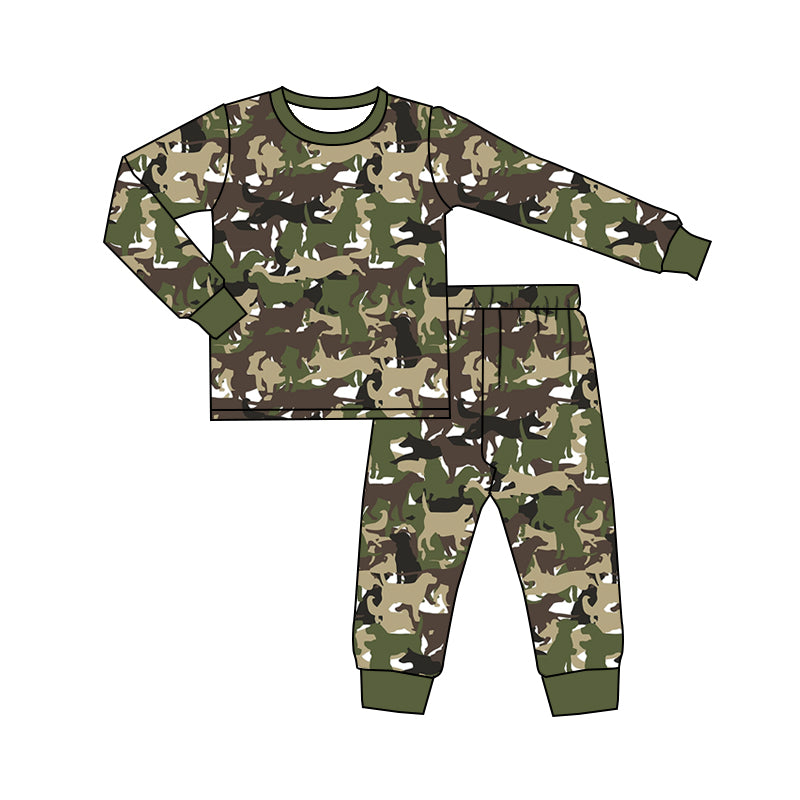Preorder (moq 5) Baby Boys Green Dogs Camo Top Pant Hunting Pajamas Set