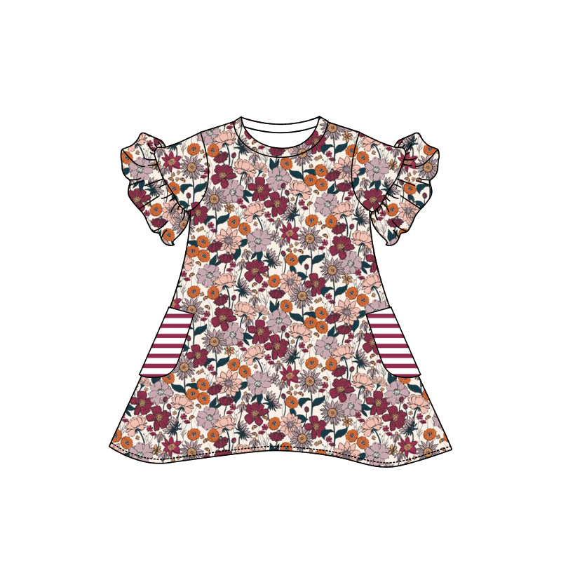 Preorder (moq 5)Baby Girls Short Ruffle Sleeve Colorful Flowers Pockets Knee Length Dress
