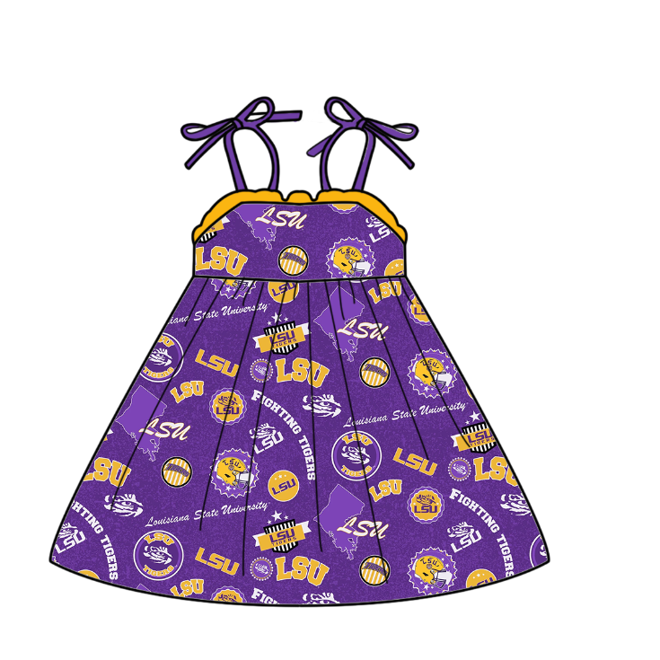 Preorder (moq 5)Baby Girls Strap Purple LSU Team Knee Length Dresses