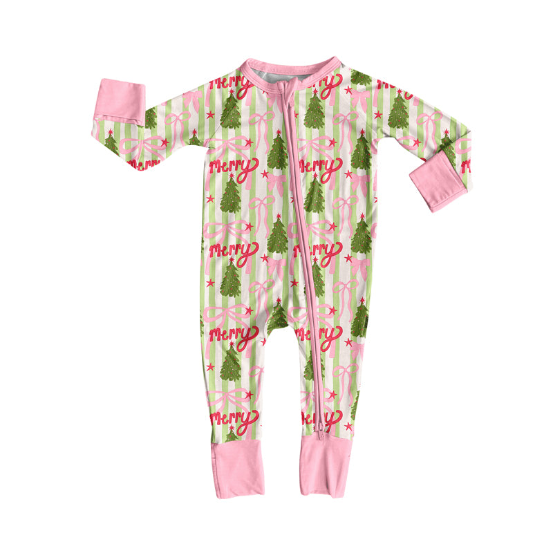 Preorder (moq 5)Baby Girls Pink Long Sleeves Bows Trees Stripes Zipper Pant Rompers