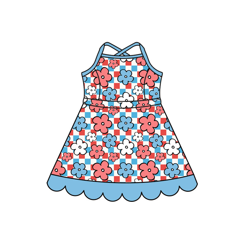Preorder (moq 5)Baby Girls Strap Blue Checked Flowers Scallop Knee Length Dresses