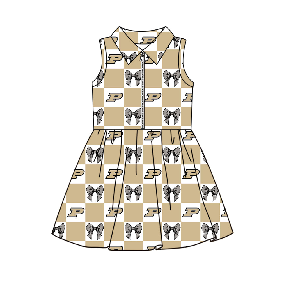 Preorder (moq 5) Baby Girls Sleeveless Bows Purdue Checked Team Zip Knee Length Dress